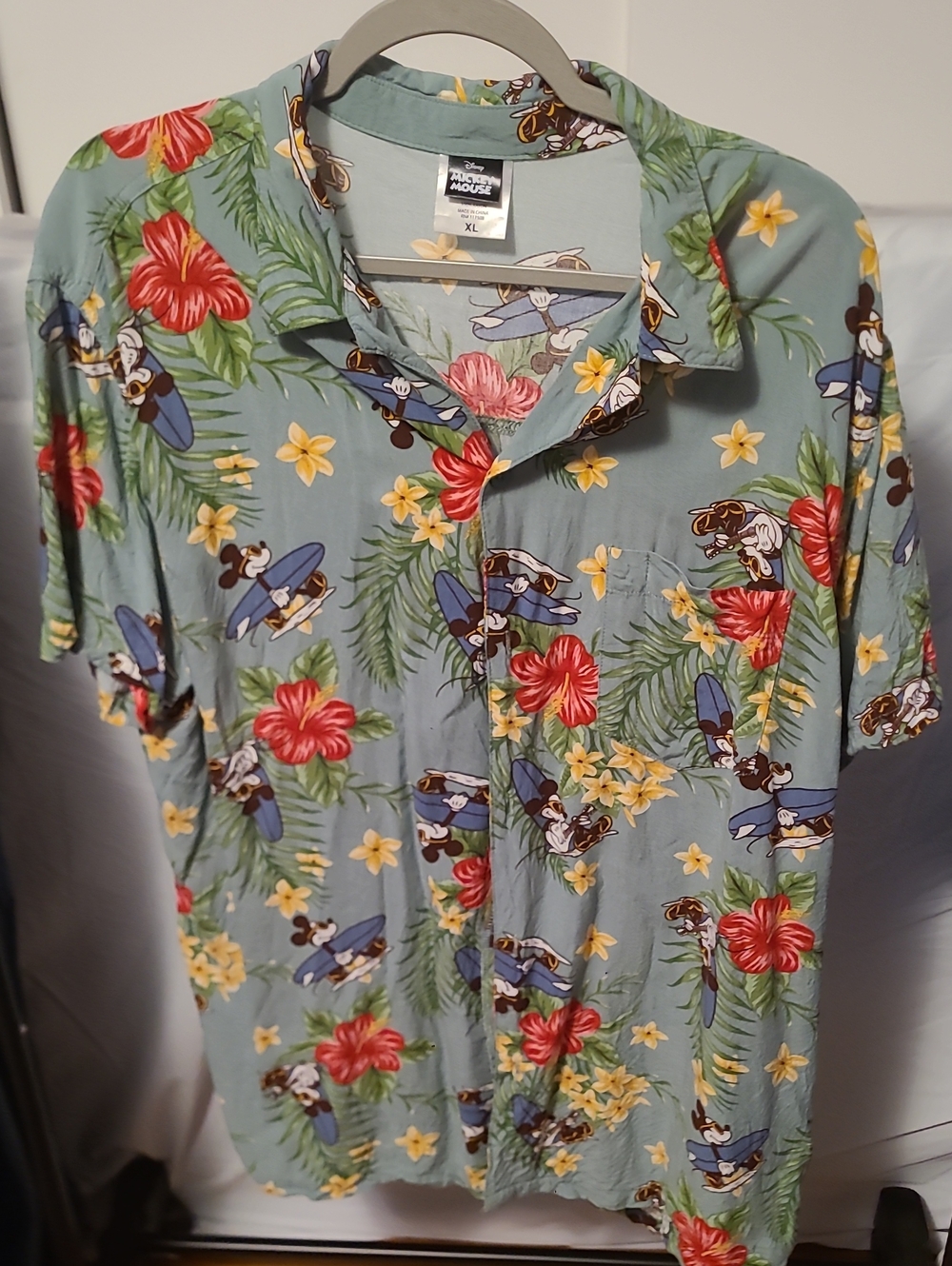 Disney Mickey Mouse Hawaiian Shirt - Light Green Floral Print (XL)